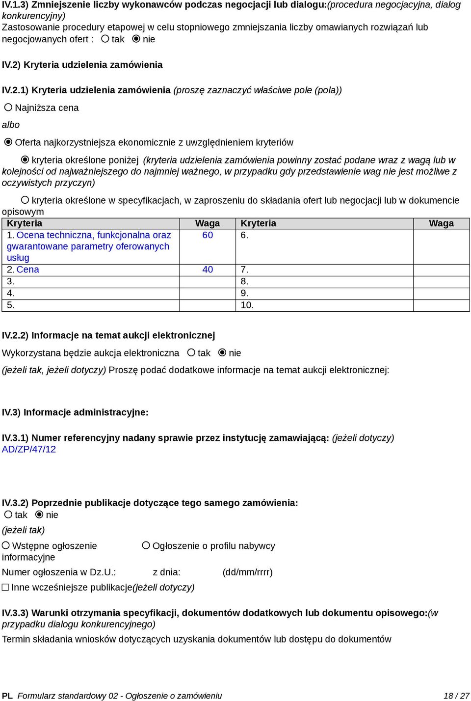 Kryteria udzielenia zamówienia IV.2.