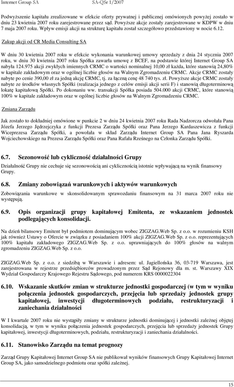 Zakup akcji od CR Media Consulting SA W dniu 30 kwietnia 2007 roku w efekcie wykonania warunkowej umowy sprzedaŝy z dnia 24 stycznia 2007 roku, w dniu 30 kwietnia 2007 roku Spółka zawarła umowę z