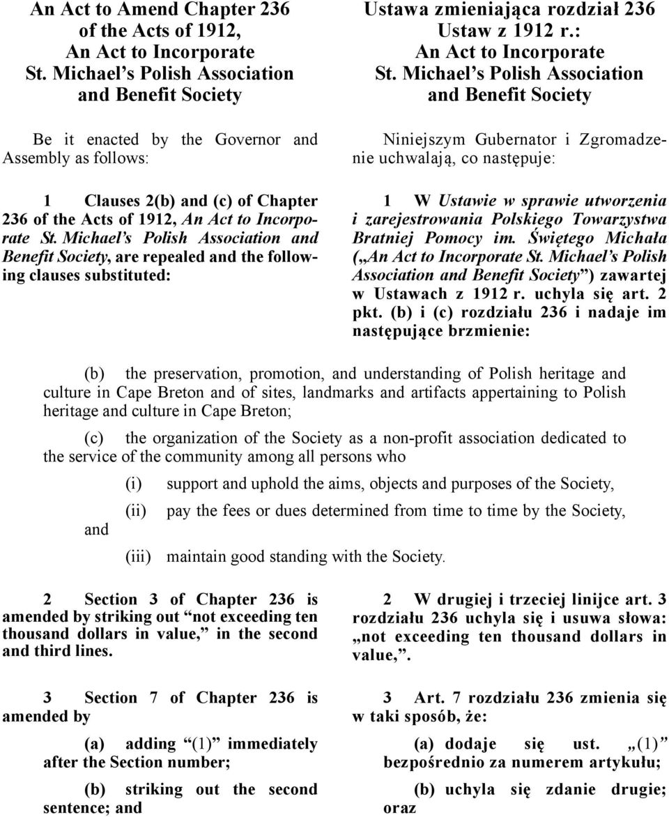 Michael s Polish Association and Benefit Society, are repealed and the following clauses substituted: Ustawa zmieniająca rozdział 236 Ustaw z 1912 r.: St.