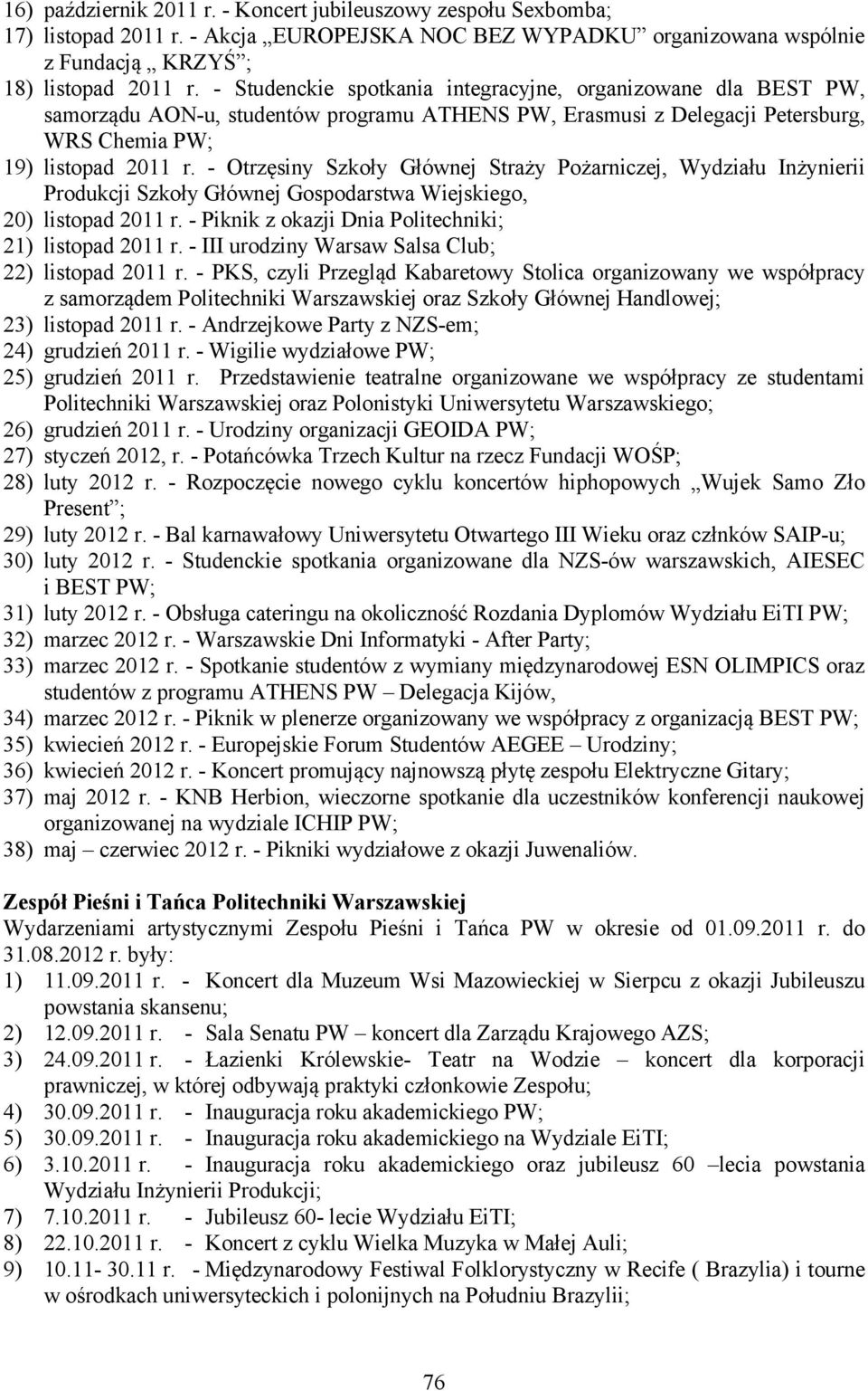 - Otrzęsiny Szkoły Głównej Straży Pożarniczej, Wydziału Inżynierii Produkcji Szkoły Głównej Gospodarstwa Wiejskiego, 20) listopad 2011 r. - Piknik z okazji Dnia Politechniki; 21) listopad 2011 r.