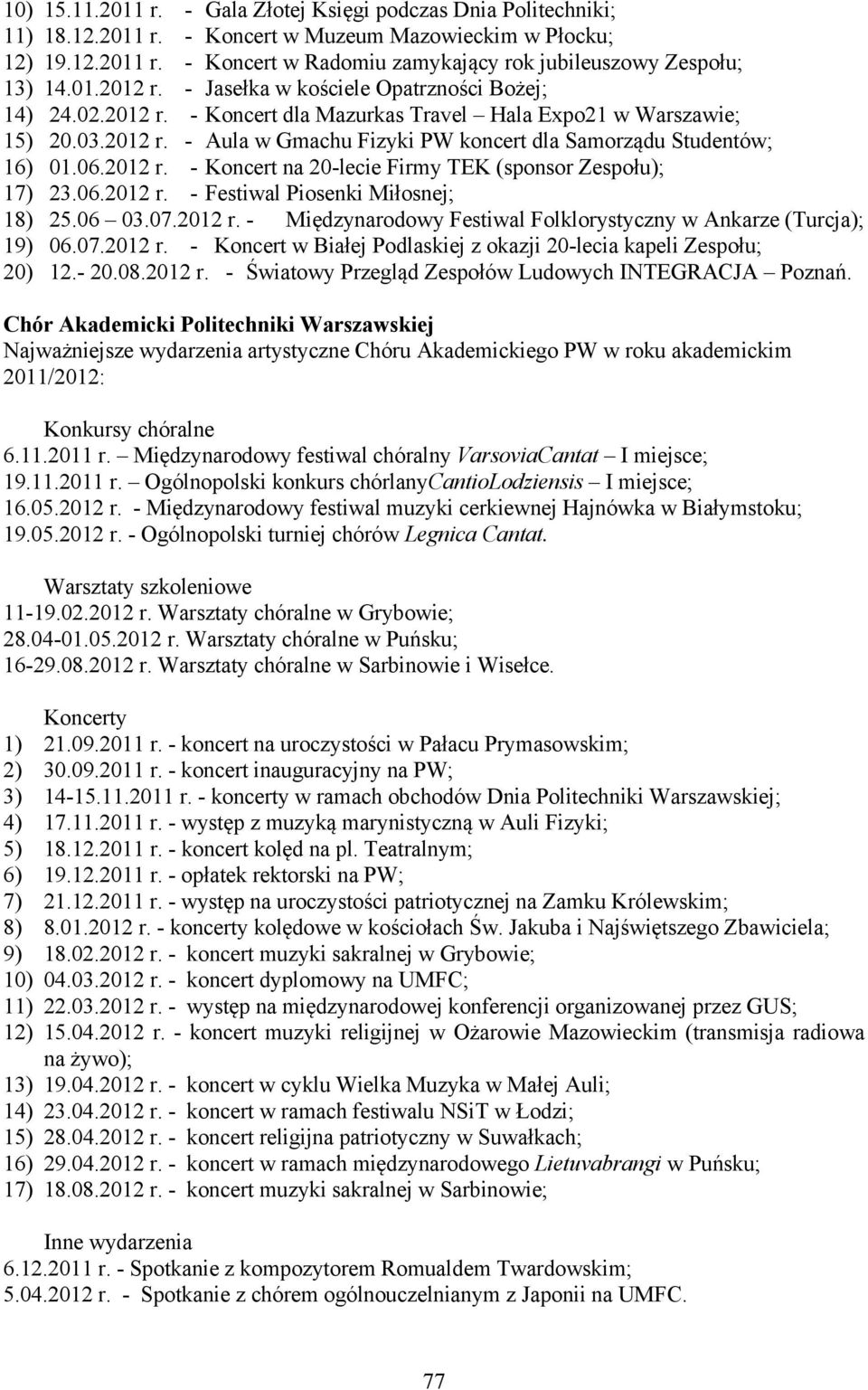 06.2012 r. - Koncert na 20-lecie Firmy TEK (sponsor Zespołu); 17) 23.06.2012 r. - Festiwal Piosenki Miłosnej; 18) 25.06 03.07.2012 r. - Międzynarodowy Festiwal Folklorystyczny w Ankarze (Turcja); 19) 06.