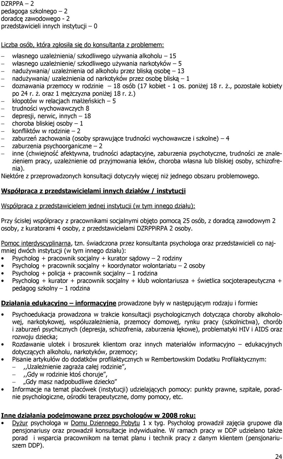 doznawania przemocy w rodzinie 18 osób (17 kobiet - 1 os. poniżej 18 r. ż.