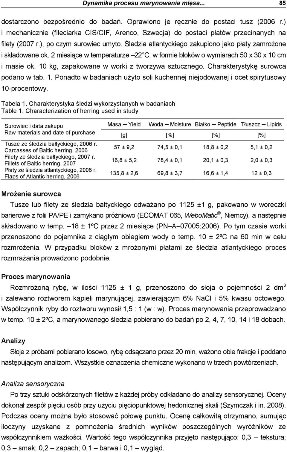 2 miesiące w temperaturze 22 C, w formie bloków o wymiarach 50 x 30 x 10 cm i masie ok. 10 kg, zapakowane w worki z tworzywa sztucznego. Charakterystykę surowca podano w tab. 1. Ponadto w badaniach uŝyto soli kuchennej niejodowanej i ocet spirytusowy 10-procentowy.