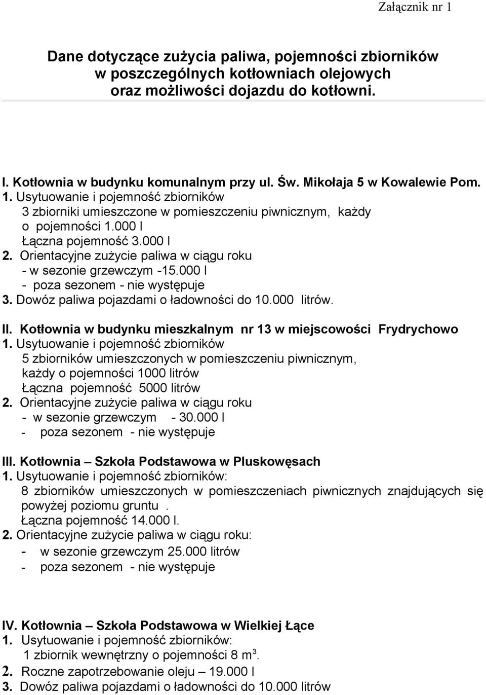 Orientacyjne zużycie paliwa w ciągu roku - w sezonie grzewczym -15.000 l - poza sezonem - nie występuje 3. Dowóz paliwa pojazdami o ładowności do 10.000 litrów. II.