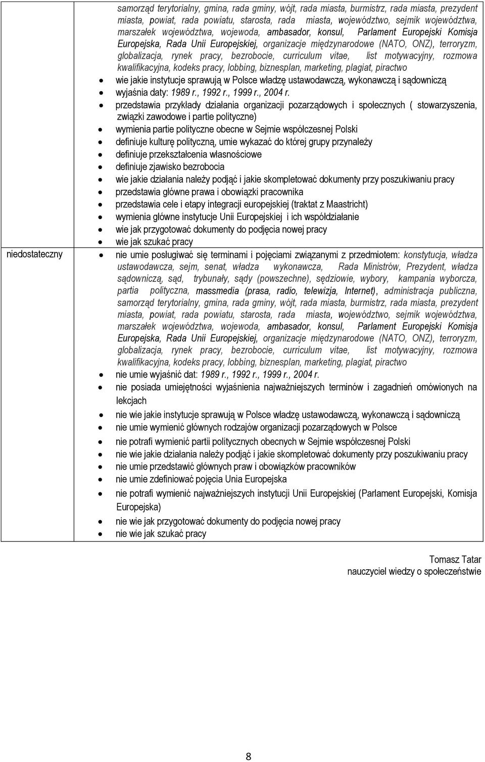 curriculum vitae, list motywacyjny, rozmowa kwalifikacyjna, kodeks pracy, lobbing, biznesplan, marketing, plagiat, piractwo wie jakie instytucje sprawują w Polsce władzę ustawodawczą, wykonawczą i