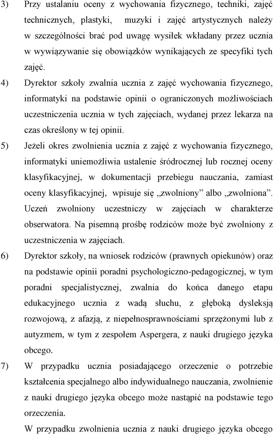 4) Dyrektor szkoły zwalnia ucznia z zajęć wychowania fizycznego, informatyki na podstawie opinii o ograniczonych możliwościach uczestniczenia ucznia w tych zajęciach, wydanej przez lekarza na czas