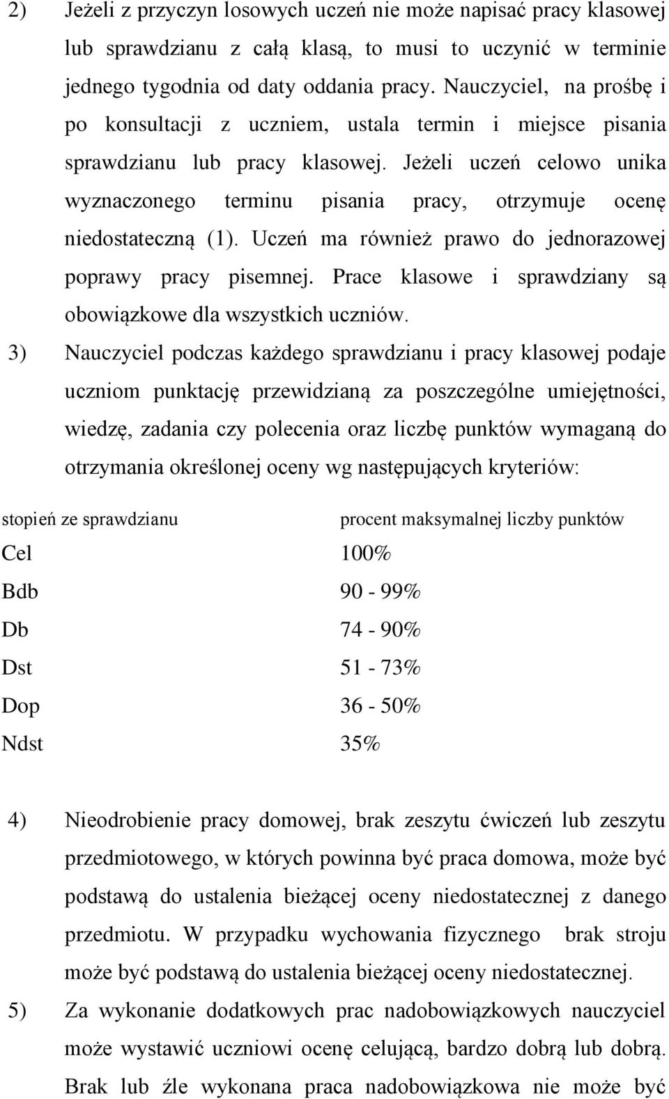 Jeżeli uczeń celowo unika wyznaczonego terminu pisania pracy, otrzymuje ocenę niedostateczną (1). Uczeń ma również prawo do jednorazowej poprawy pracy pisemnej.