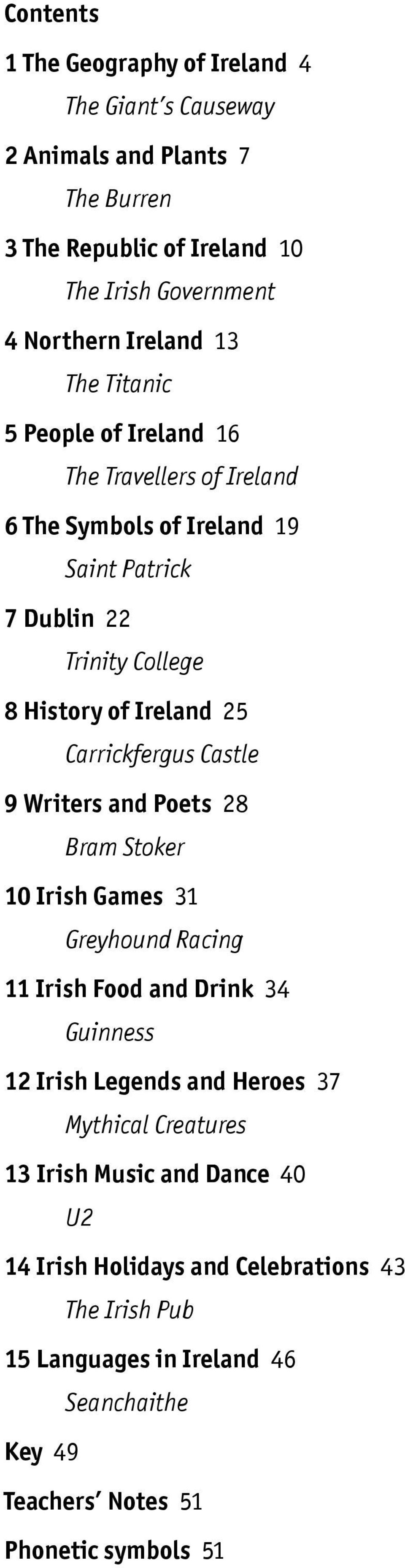 Carrickfergus Castle 9 Writers and Poets 28 Bram Stoker 10 Irish Games 31 Greyhound Racing 11 Irish Food and Drink 34 Guinness 12 Irish Legends and Heroes 37