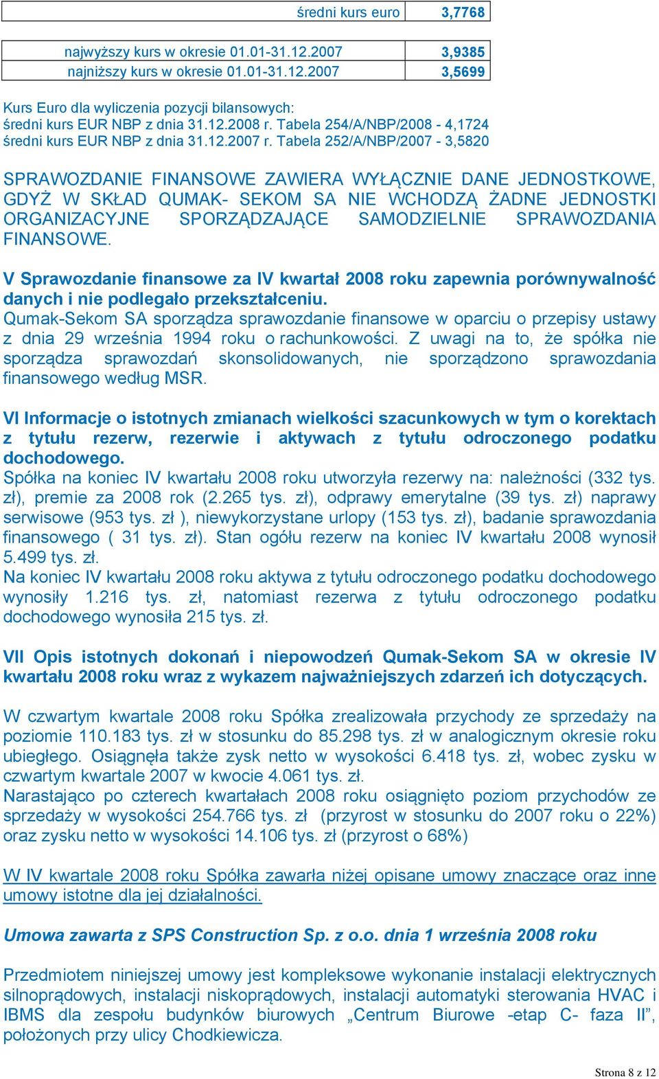 Tabela 252/A/NBP/2007-3,5820 SPRAWOZDANIE FINANSOWE ZAWIERA WYŁĄCZNIE DANE JEDNOSTKOWE, GDYŻ W SKŁAD QUMAK- SEKOM SA NIE WCHODZĄ ŻADNE JEDNOSTKI ORGANIZACYJNE SPORZĄDZAJĄCE SAMODZIELNIE SPRAWOZDANIA