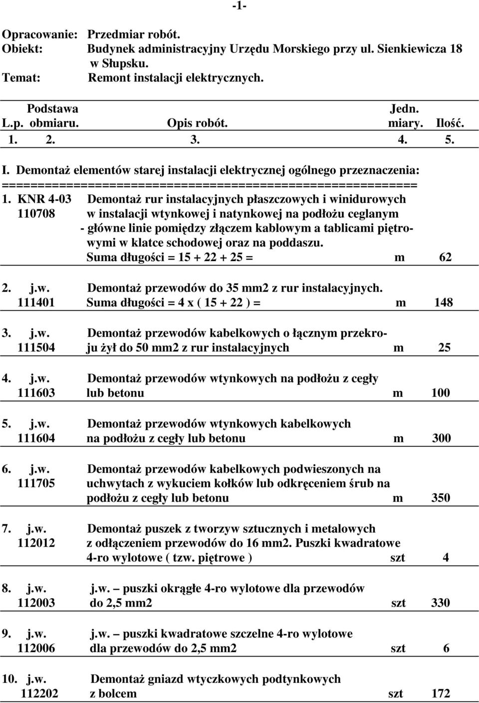 KNR 4-03 Demontaż rur instalacyjnych płaszczowych i winidurowych 110708 w instalacji wtynkowej i natynkowej na podłożu ceglanym - główne linie pomiędzy złączem kablowym a tablicami piętrowymi w