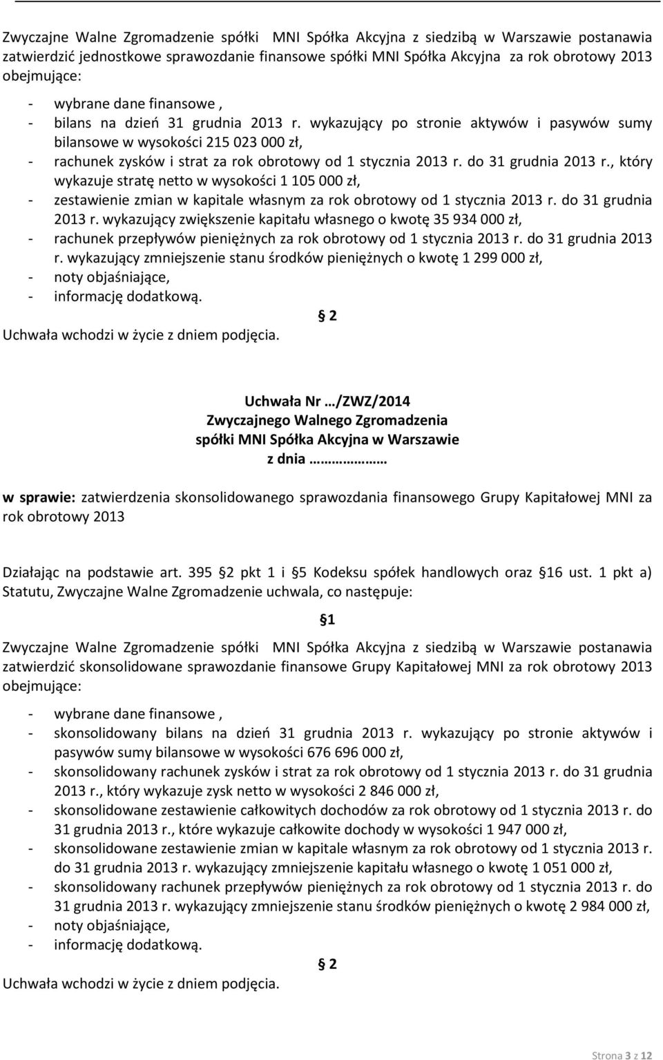 , który wykazuje stratę netto w wysokości 1 105 000 zł, - zestawienie zmian w kapitale własnym za rok obrotowy od 1 stycznia 2013 r. do 31 grudnia 2013 r.