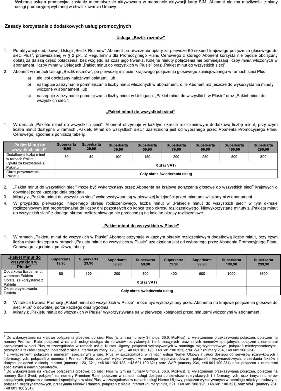 Po aktywacji dodatkowej Usługi Bezlik Rozmów Abonent po uiszczeniu opłaty za pierwsze 60 sekund krajowego połączenia głosowego do sieci Plus 5, przewidzianej w 2 pkt.