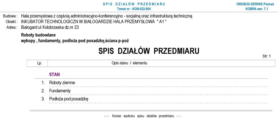 " A1 " Adres : Białogard ul Kołobrzeska dz.nr 23 Lp.