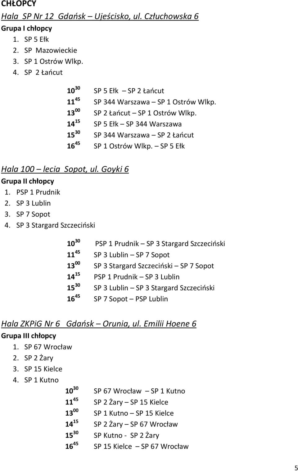 14 15 SP 5 Ełk SP 344 Warszawa 15 30 SP 344 Warszawa SP 2 Łańcut 16 45 SP 1 Ostrów Wlkp. SP 5 Ełk Hala 100 lecia Sopot, ul. Goyki 6 Grupa II chłopcy 1. PSP 1 Prudnik 2. SP 3 Lublin 3. SP 7 Sopot 4.