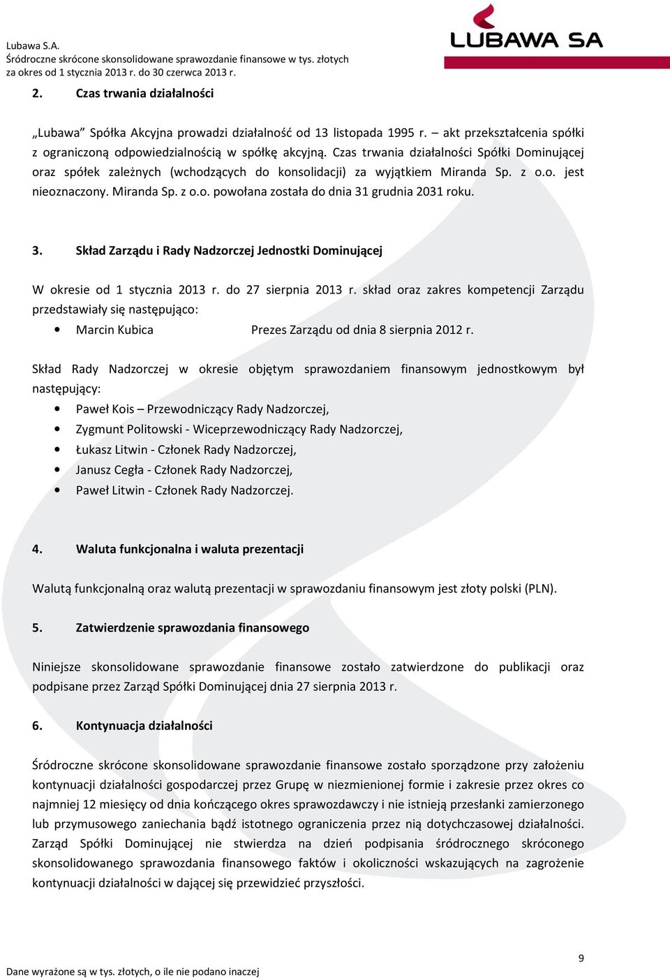 z o.o. jest nieoznaczony. Miranda Sp. z o.o. powołana została do dnia 31 grudnia 2031 roku. 3. Skład Zarządu i Rady Nadzorczej Jednostki Dominującej W okresie od 1 stycznia 2013 r.