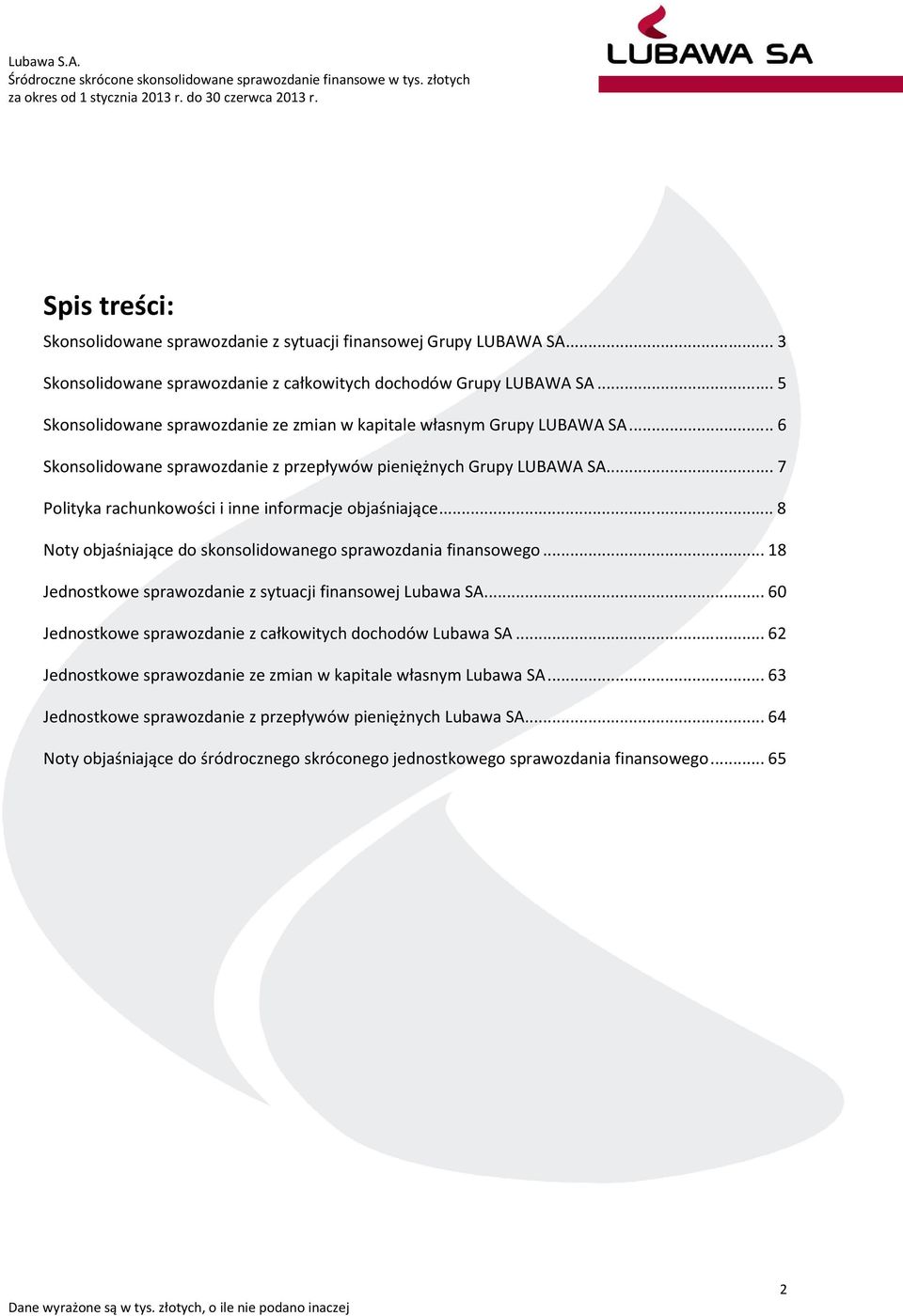 .. 5 Skonsolidowane sprawozdanie ze zmian w kapitale własnym Grupy LUBAWA SA... 6 Skonsolidowane sprawozdanie z przepływów pieniężnych Grupy LUBAWA SA.