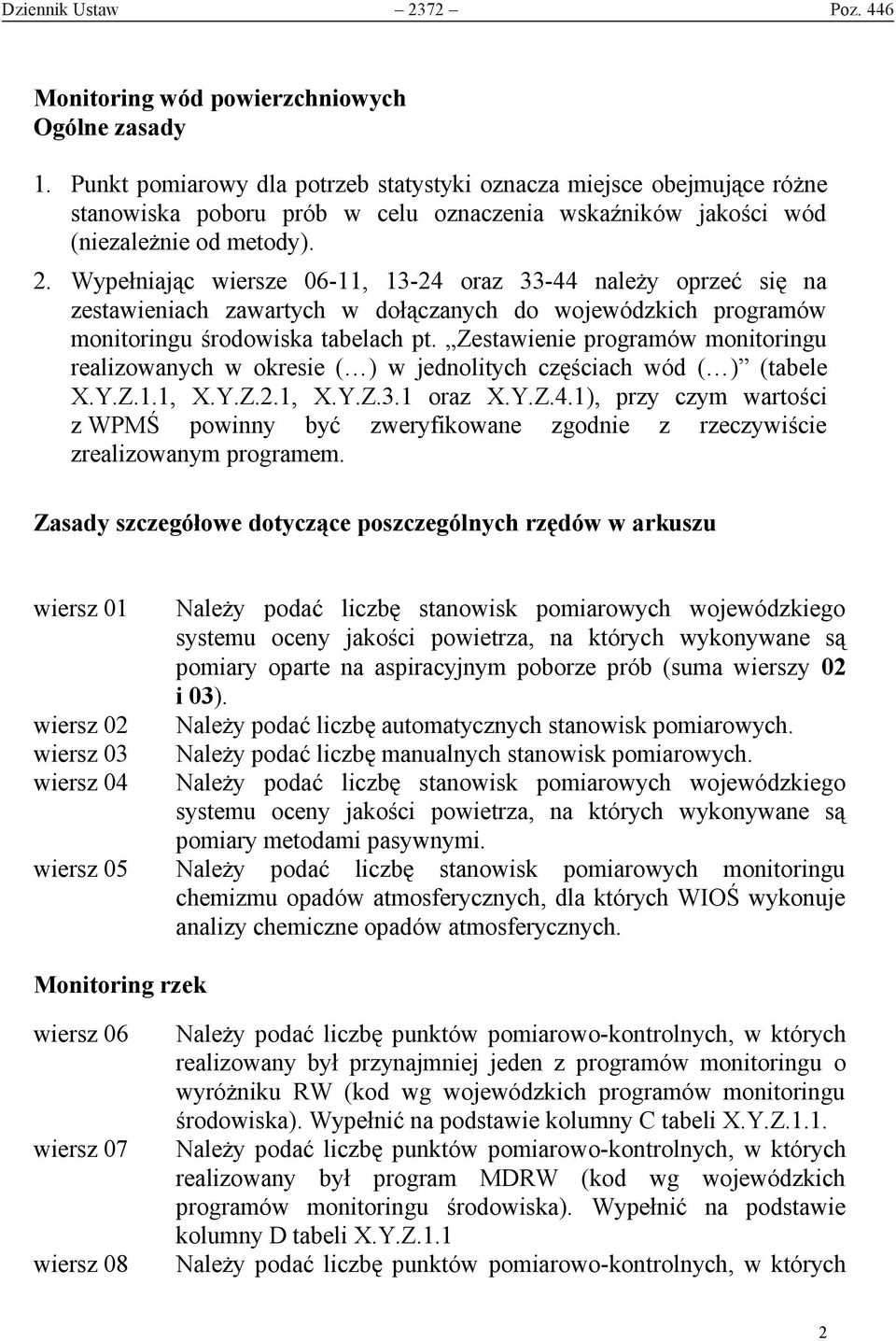 Wypełniając wiersze 06-11, 13-24 oraz 33-44 należy oprzeć się na zestawieniach zawartych w dołączanych do wojewódzkich programów monitoringu środowiska tabelach pt.