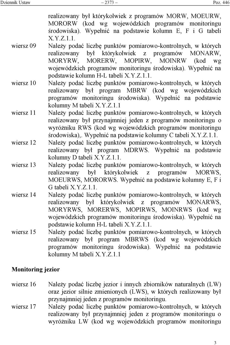 Wypełnić na podstawie kolumn E, F i G tabeli X.Y.Z.1.