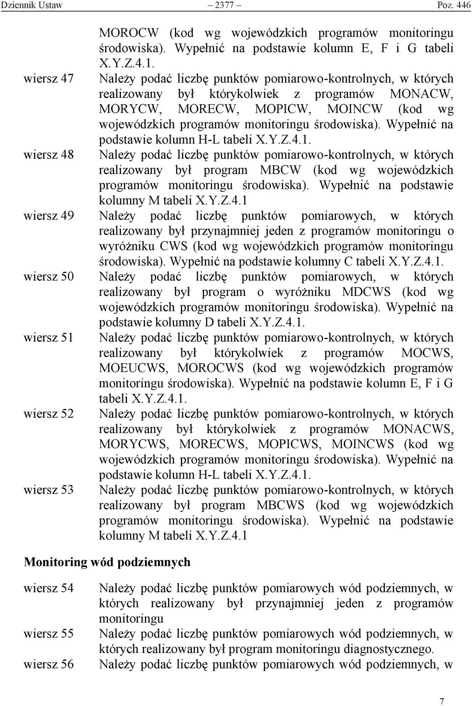 Wypełnić na podstawie kolumn H-L tabeli X.Y.Z.4.1. Należy podać liczbę punktów pomiarowo-kontrolnych, w których realizowany był program MBCW (kod wg wojewódzkich programów monitoringu środowiska).