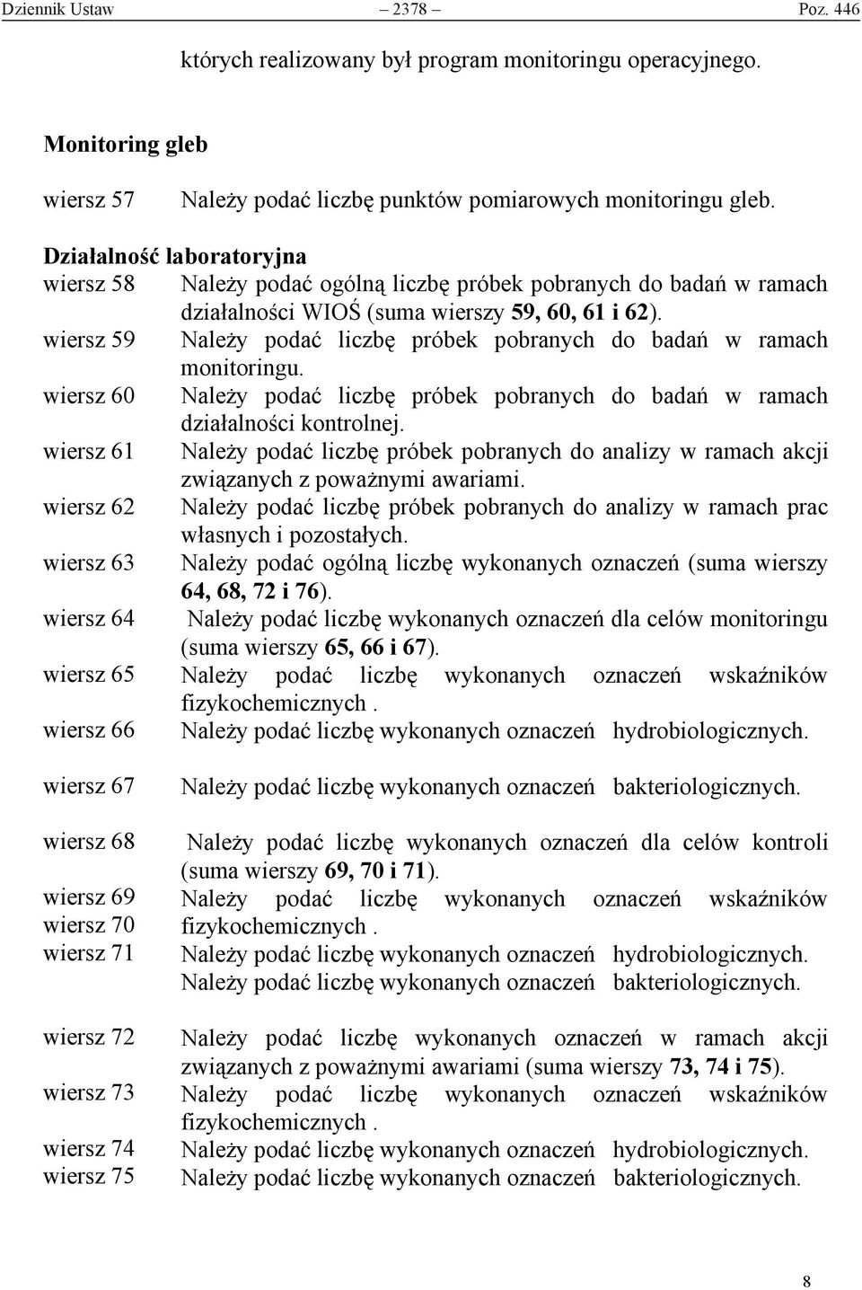 wiersz 59 Należy podać liczbę próbek pobranych do badań w ramach monitoringu. wiersz 60 Należy podać liczbę próbek pobranych do badań w ramach działalności kontrolnej.