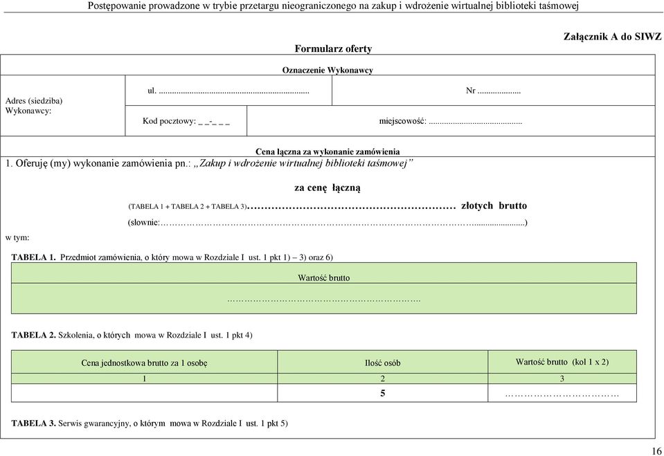 : Zakup i wdrożenie wirtualnej za cenę łączną (TABELA 1 + TABELA 2 + TABELA 3) złotych brutto w tym: (słownie:...) TABELA 1.