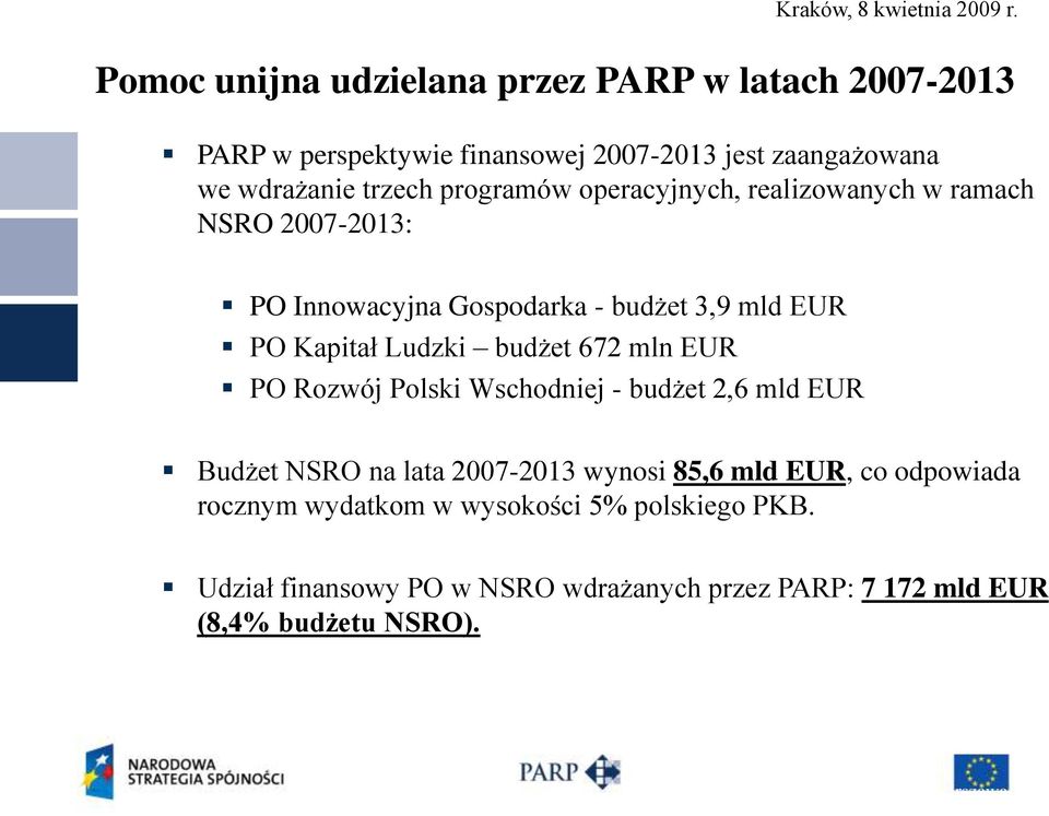 Polski Wschodniej - budżet 2,6 mld EUR Budżet NSRO na lata 2007-2013 wynosi 85,6 mld EUR, co odpowiada rocznym wydatkom w wysokości 5% polskiego
