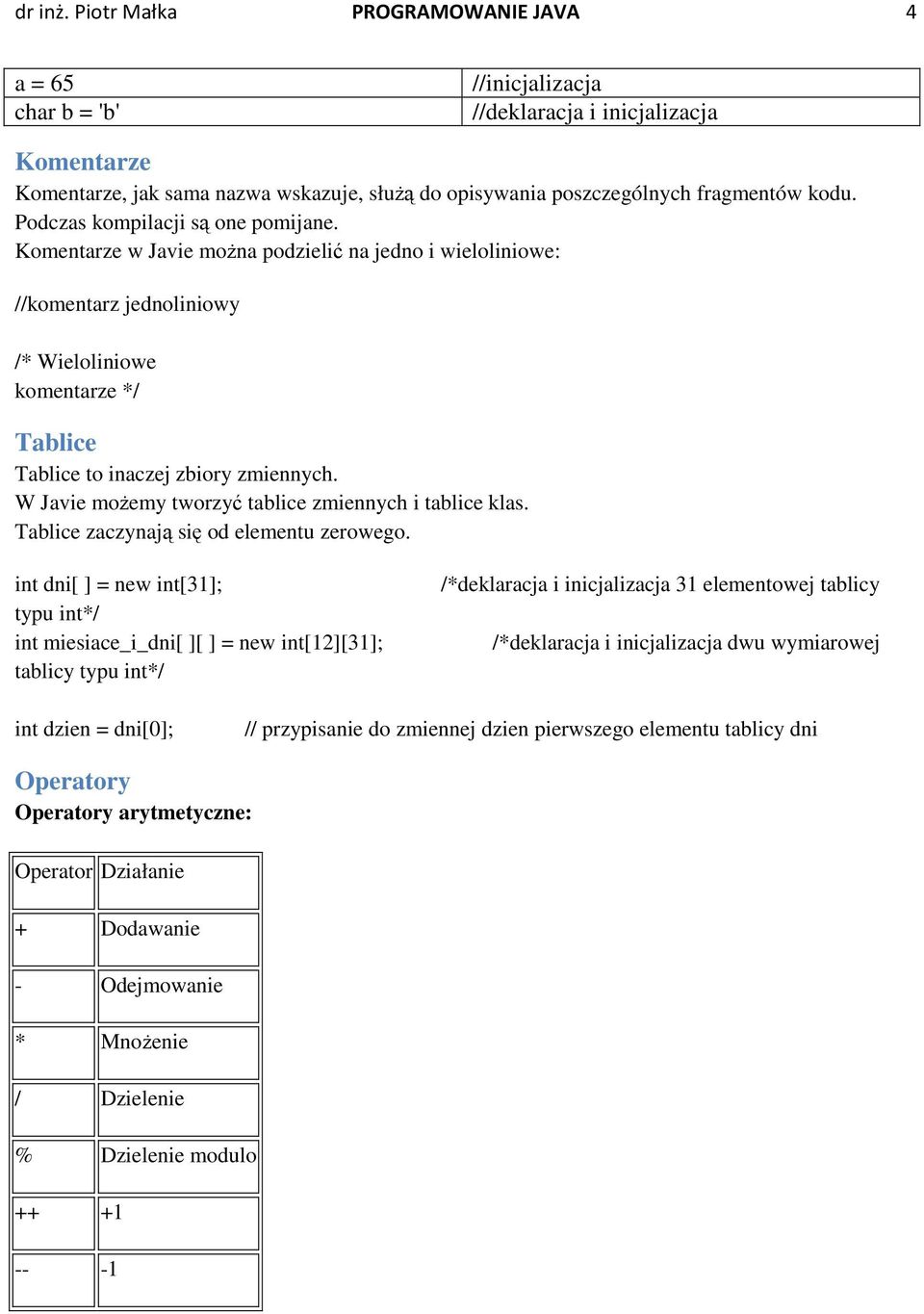 Podczas kompilacji są one pomijane. Komentarze w Javie moŝna podzielić na jedno i wieloliniowe: //komentarz jednoliniowy /* Wieloliniowe komentarze */ Tablice Tablice to inaczej zbiory zmiennych.