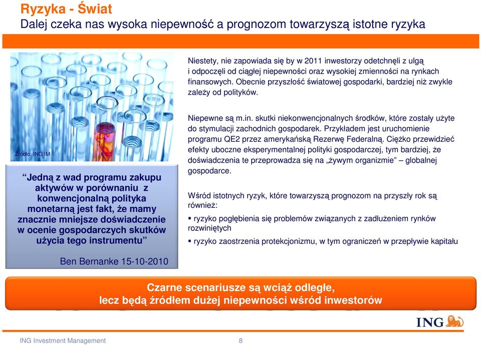 Źródło: ING IM Jedną z wad programu zakupu aktywów w porównaniu z konwencjonalną polityka monetarną jest fakt, Ŝe mamy znacznie mniejsze doświadczenie w ocenie gospodarczych skutków uŝycia tego