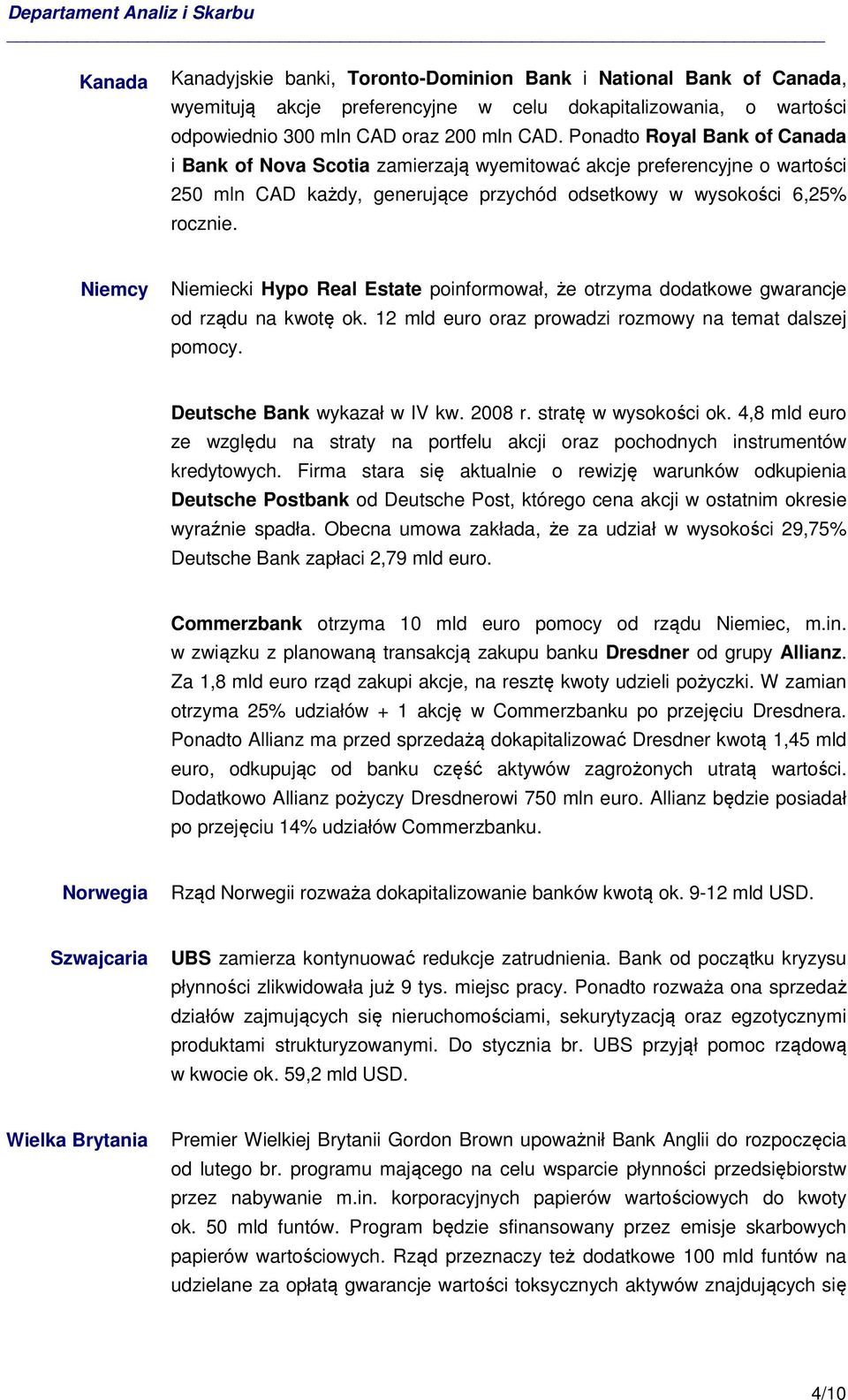 Niemcy Niemiecki Hypo Real Estate poinformował, że otrzyma dodatkowe gwarancje od rządu na kwotę ok. 12 mld euro oraz prowadzi rozmowy na temat dalszej pomocy. Deutsche Bank wykazał w IV kw. 2008 r.