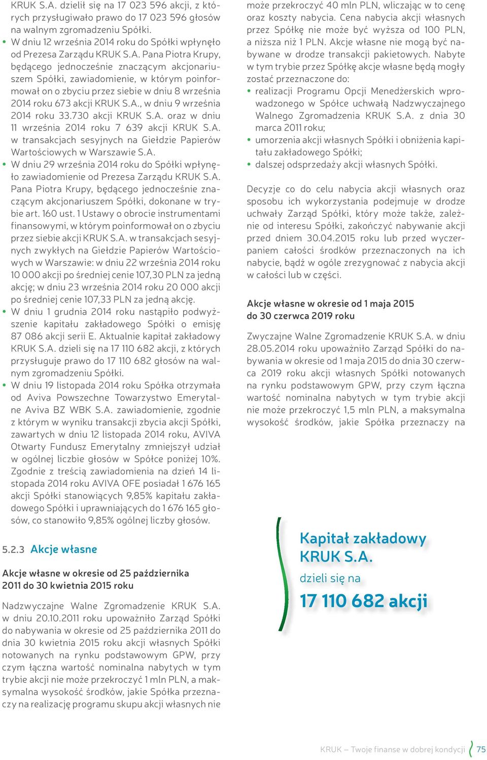 730 akcji KRUK S.A. oraz w dniu 11 września 2014 roku 7 639 akcji KRUK S.A. w transakcjach sesyjnych na Giełdzie Papierów Wartościowych w Warszawie S.A. W dniu 29 września 2014 roku do Spółki wpłynęło zawiadomienie od Prezesa Zarządu KRUK S.