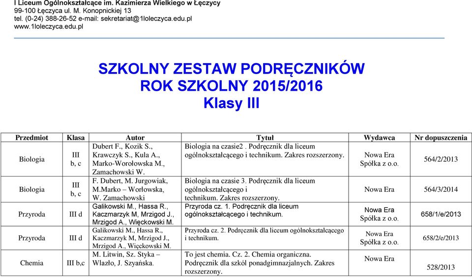 Podręcznik dla liceum Biologia Krawczyk S., Kula A., ogólnokształcącego i technikum. Zakres rozszerzony. b, c Marko-Worołowska M., 564/2/2013 Zamachowski W.