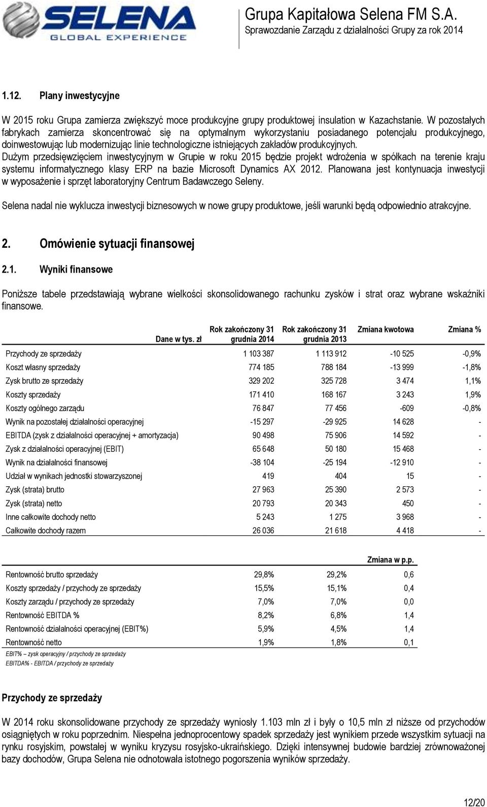 produkcyjnych. Dużym przedsięwzięciem inwestycyjnym w Grupie w roku 2015 będzie projekt wdrożenia w spółkach na terenie kraju systemu informatycznego klasy ERP na bazie Microsoft Dynamics AX 2012.