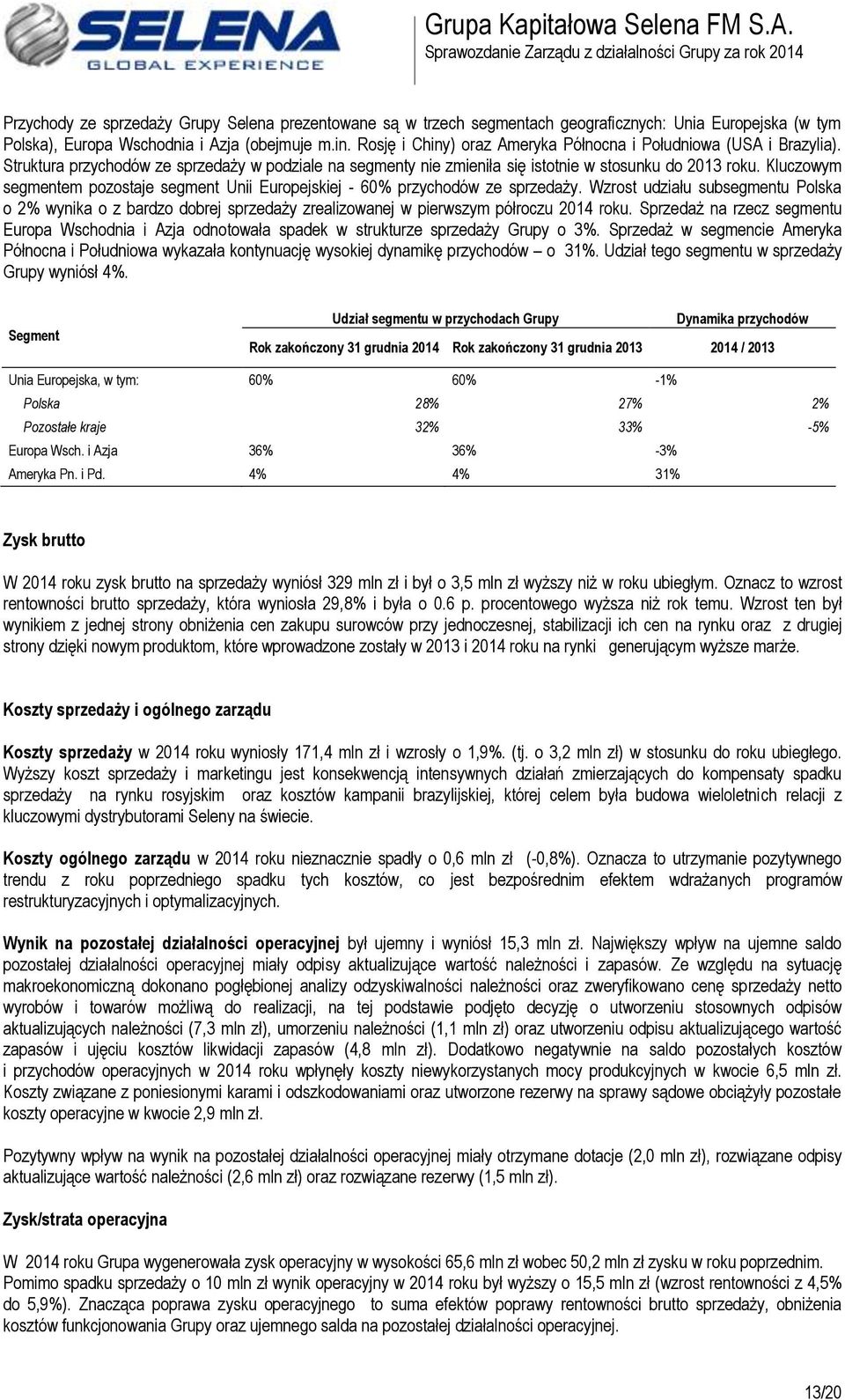 Kluczowym segmentem pozostaje segment Unii Europejskiej - 60% przychodów ze sprzedaży.