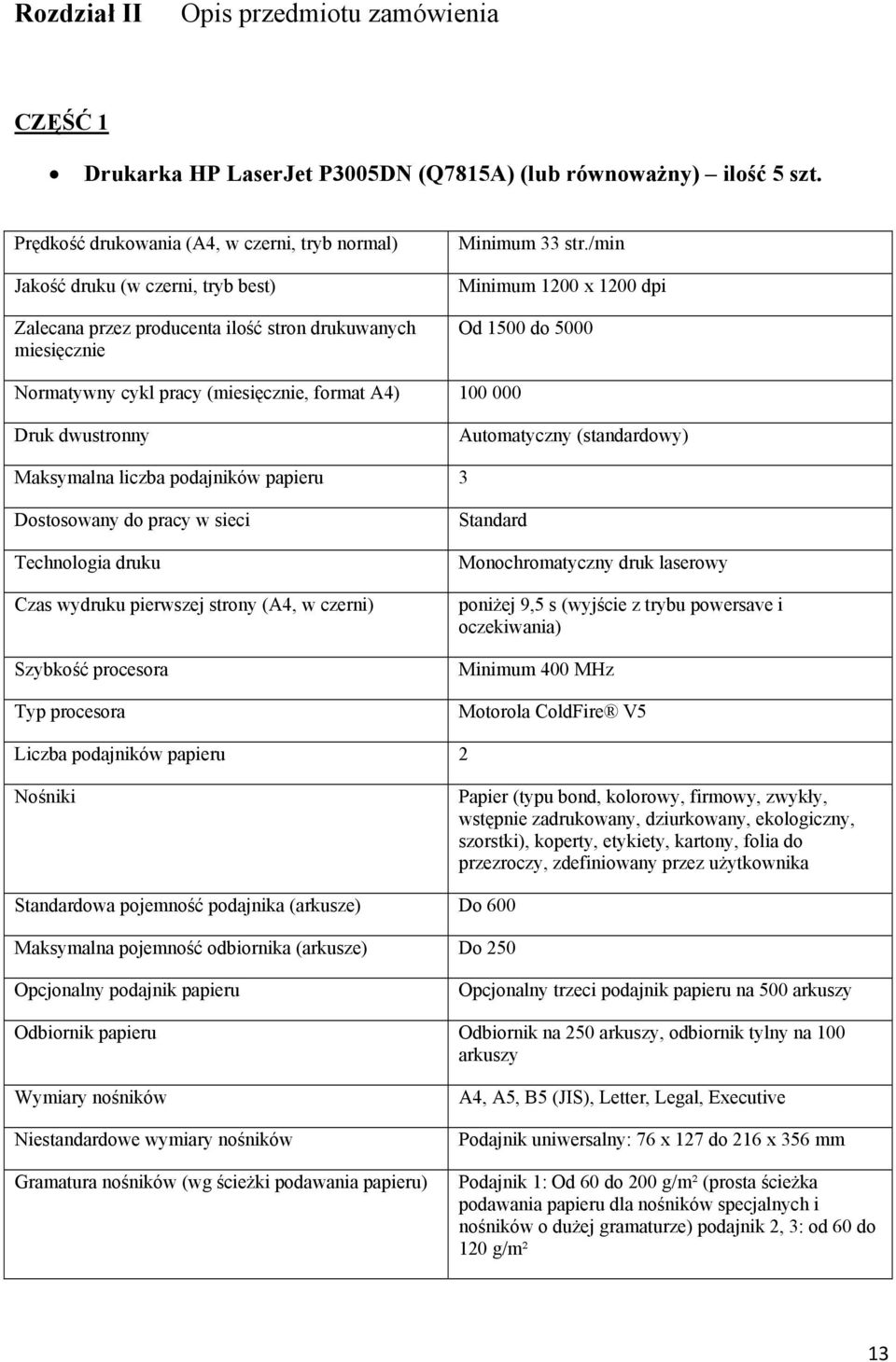 /min Minimum 1200 x 1200 dpi Od 1500 do 5000 Normatywny cykl pracy (miesięcznie, format A4) 100 000 Druk dwustronny Automatyczny (standardowy) Maksymalna liczba podajników papieru 3 Dostosowany do