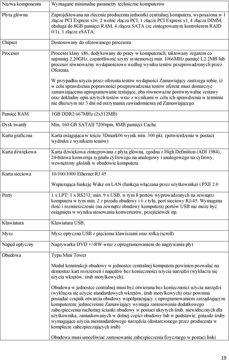procesora Procesor klasy x86, dedykowany do pracy w komputerach, taktowany zegarem co najmniej 2,20GHz, częstotliwość szyny systemowej min.