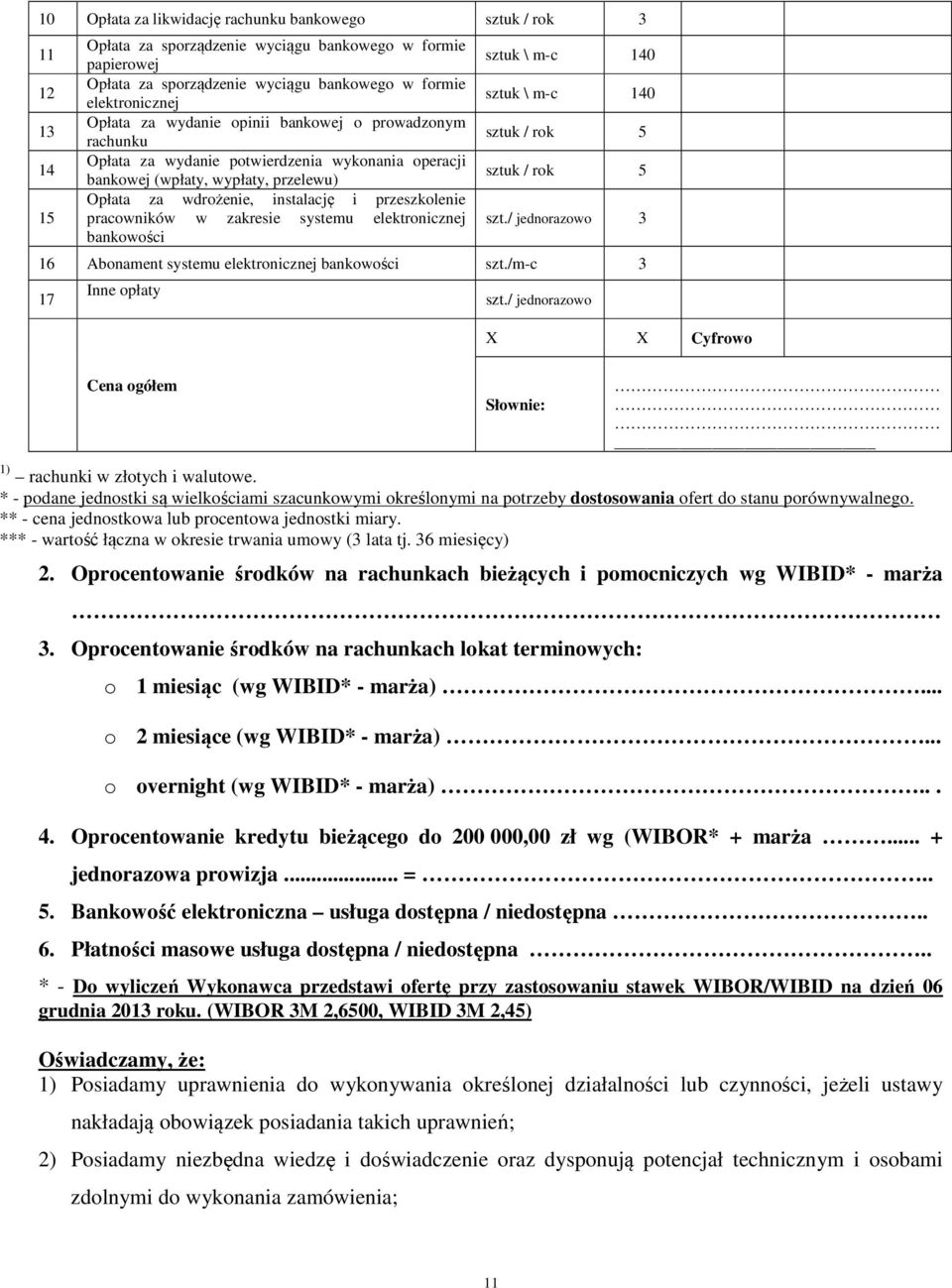 pracowników w zakresie systemu elektronicznej bankowości sztuk \ m-c 140 sztuk \ m-c 140 sztuk / rok 5 sztuk / rok 5 szt./ jednorazowo 3 16 Abonament systemu elektronicznej bankowości szt.