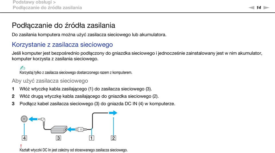 sieciowego. Korzystaj tylko z zasilacza sieciowego dostarczonego razem z komputerem. Aby użyć zasilacza sieciowego 1 Włóż wtyczkę kabla zasilającego (1) do zasilacza sieciowego (3).