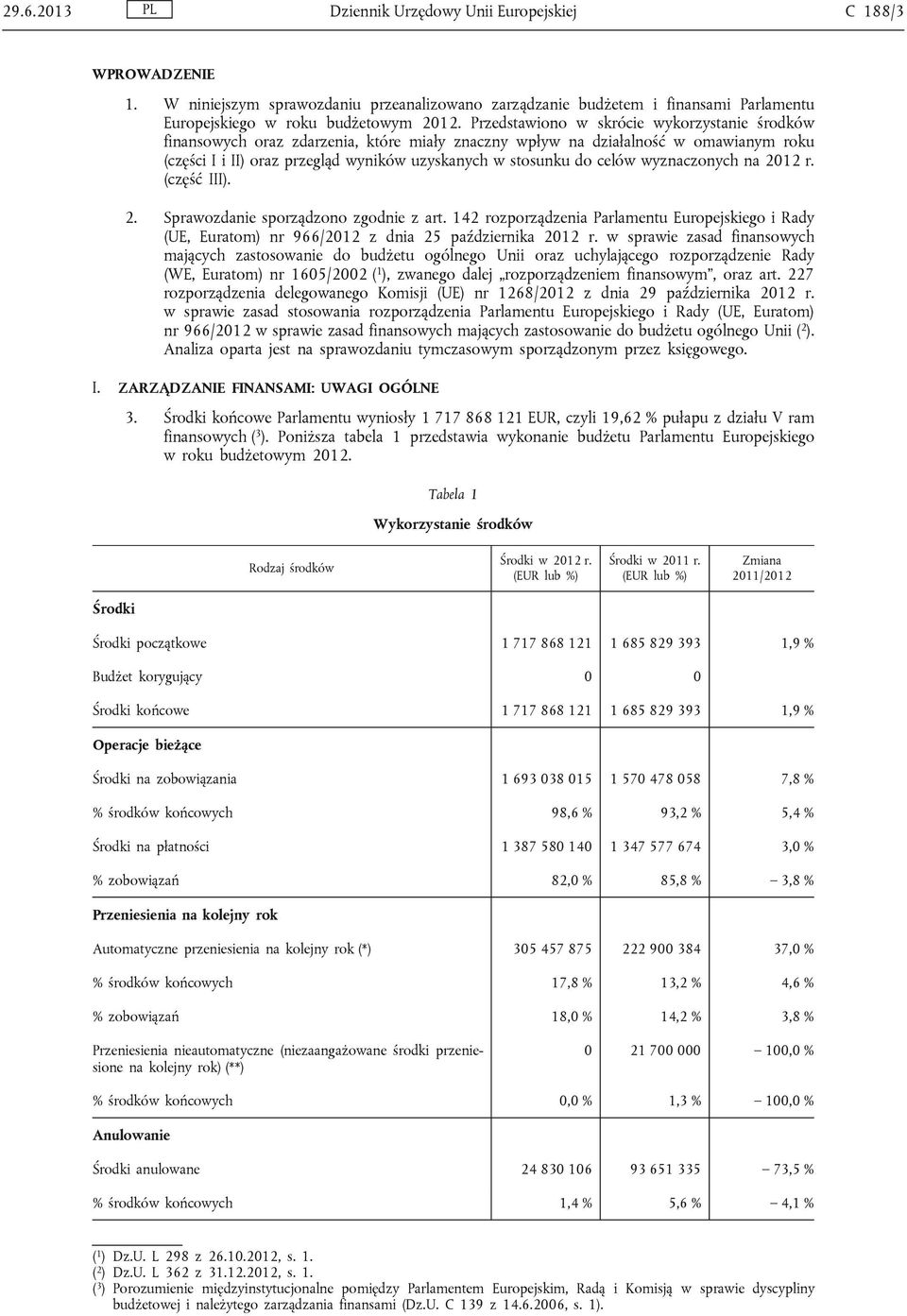 celów wyznaczonych na 2012 r. (część III). 2. Sprawozdanie sporządzono zgodnie z art. 142 rozporządzenia Parlamentu Europejskiego i Rady (UE, Euratom) nr 966/2012 z dnia 25 października 2012 r.