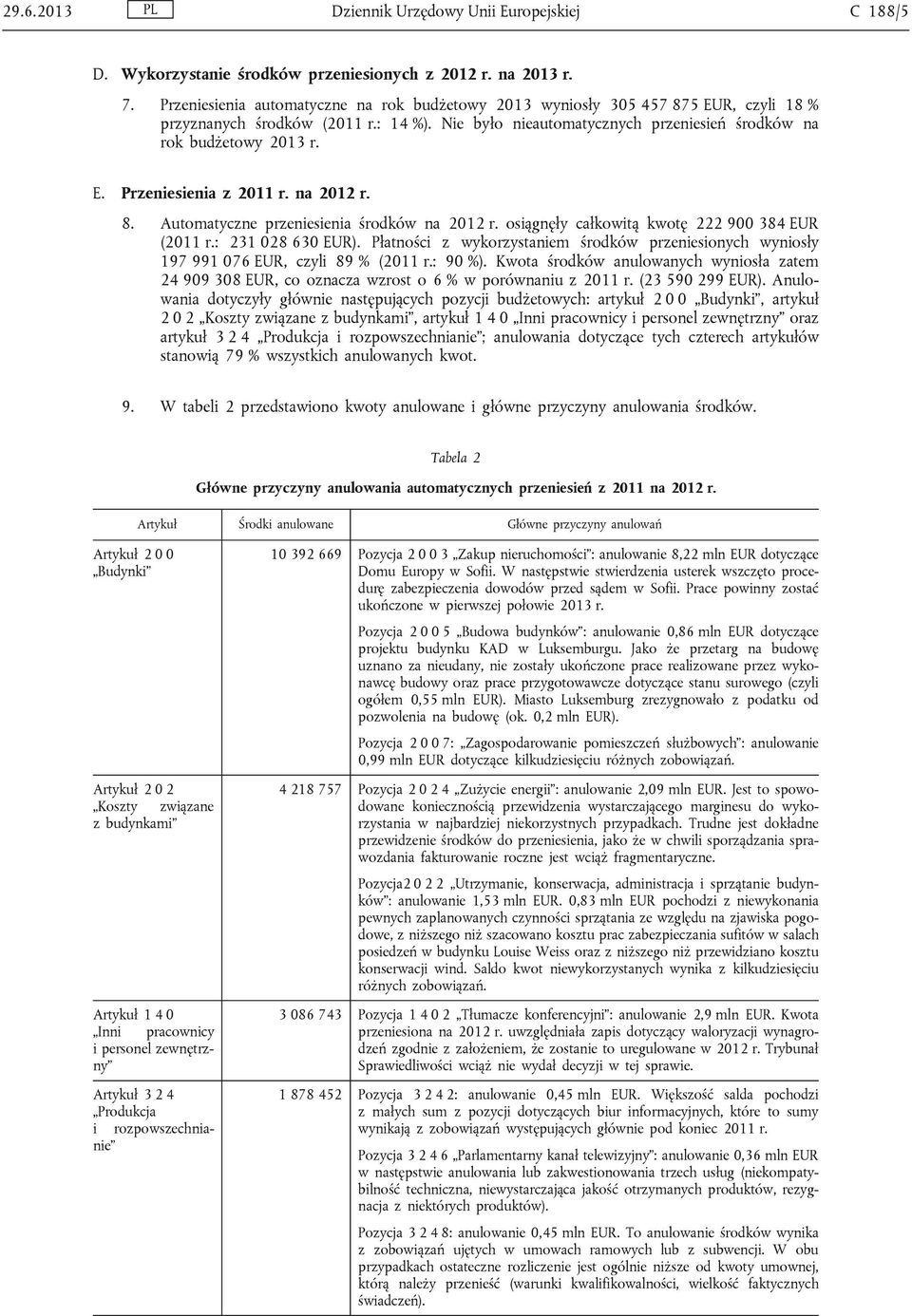 na 2012 r. 8. Automatyczne przeniesienia środków na 2012 r. osiągnęły całkowitą kwotę 222 900 384 EUR (2011 r.: 231 028 630 EUR).