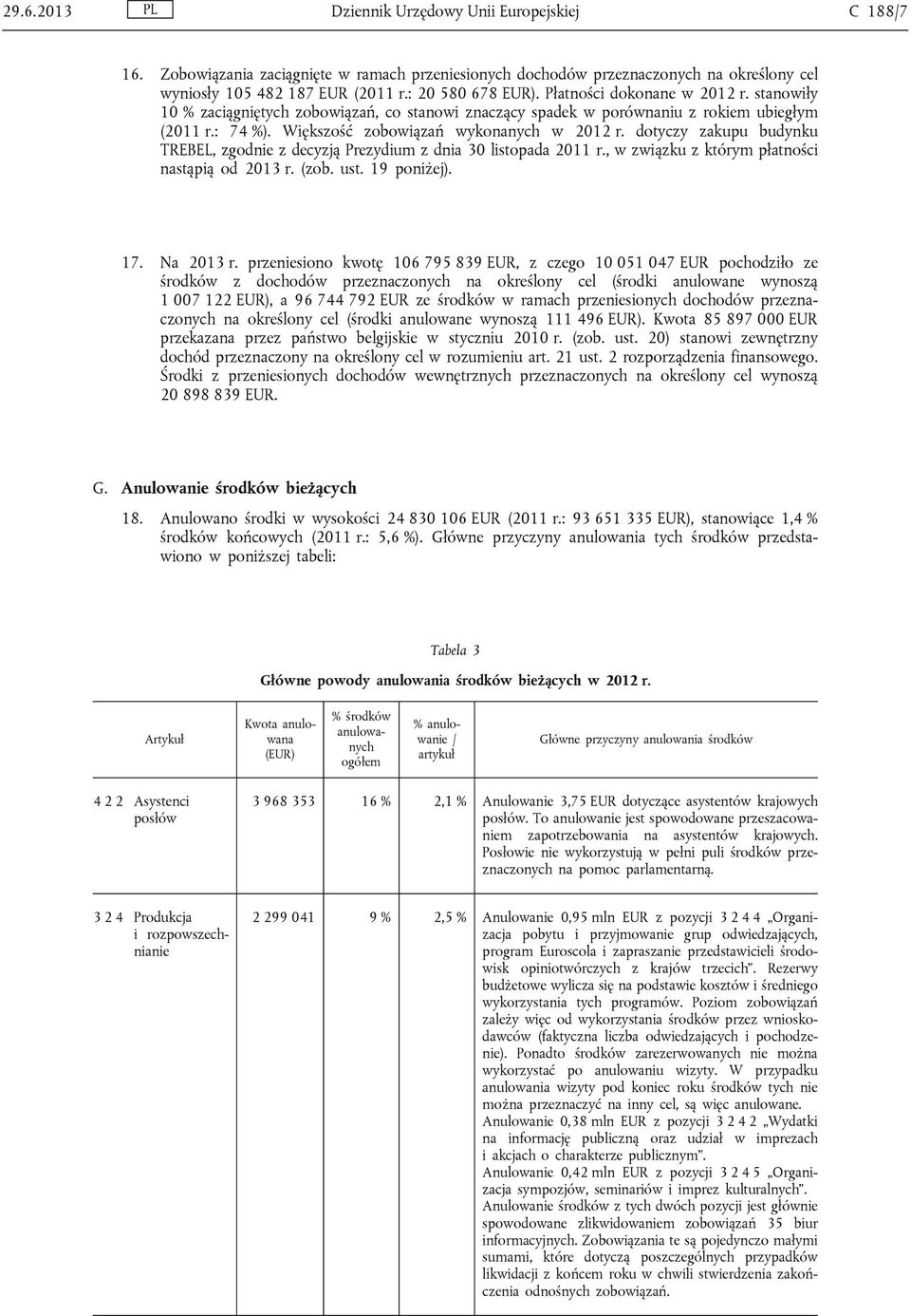 dotyczy zakupu budynku TREBEL, zgodnie z decyzją Prezydium z dnia 30 listopada 2011 r., w związku z którym płatności nastąpią od 2013 r. (zob. ust. 19 poniżej). 17. Na 2013 r.