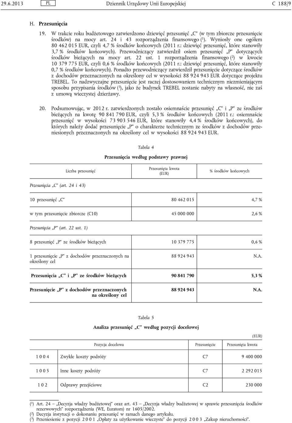 Przewodniczący zatwierdził osiem przesunięć P dotyczących środków bieżących na mocy art. 22 ust. 1 rozporządzenia finansowego ( 2 ) w kwocie 10 379 775 EUR, czyli 0,6 % środków końcowych (2011 r.