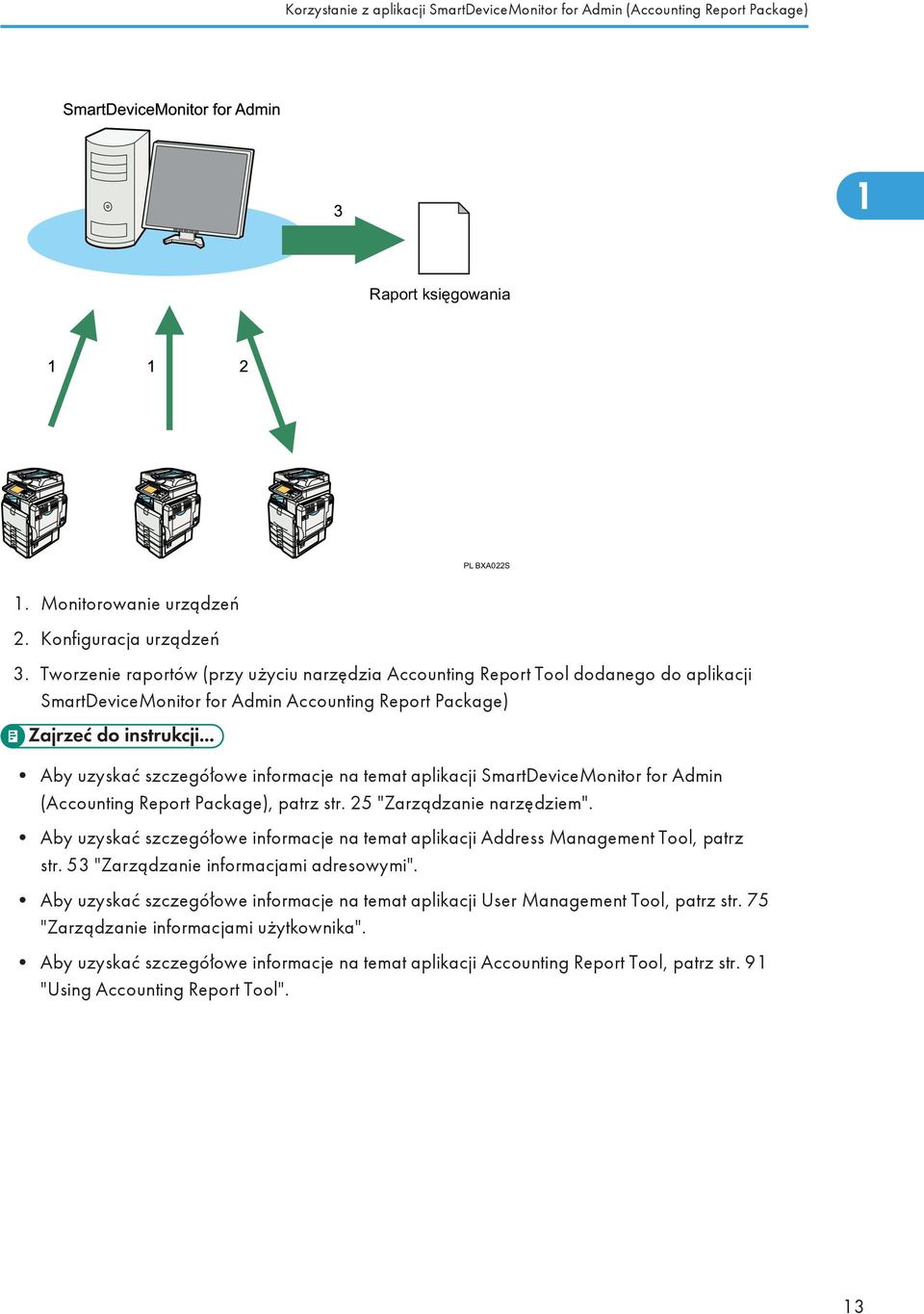 SmartDeviceMonitor for Admin (Accounting Report Package), patrz str. 25 "Zarządzanie narzędziem". Aby uzyskać szczegółowe informacje na temat aplikacji Address Management Tool, patrz str.