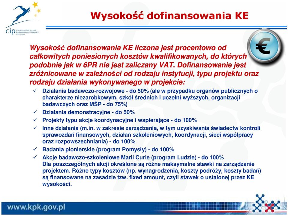 publicznych o charakterze niezarobkowym, szkół średnich i uczelni wyŝszych, organizacji badawczych oraz MŚP - do 75%) Działania demonstracyjne - do 50% Projekty typu akcje koordynacyjne i wspierające