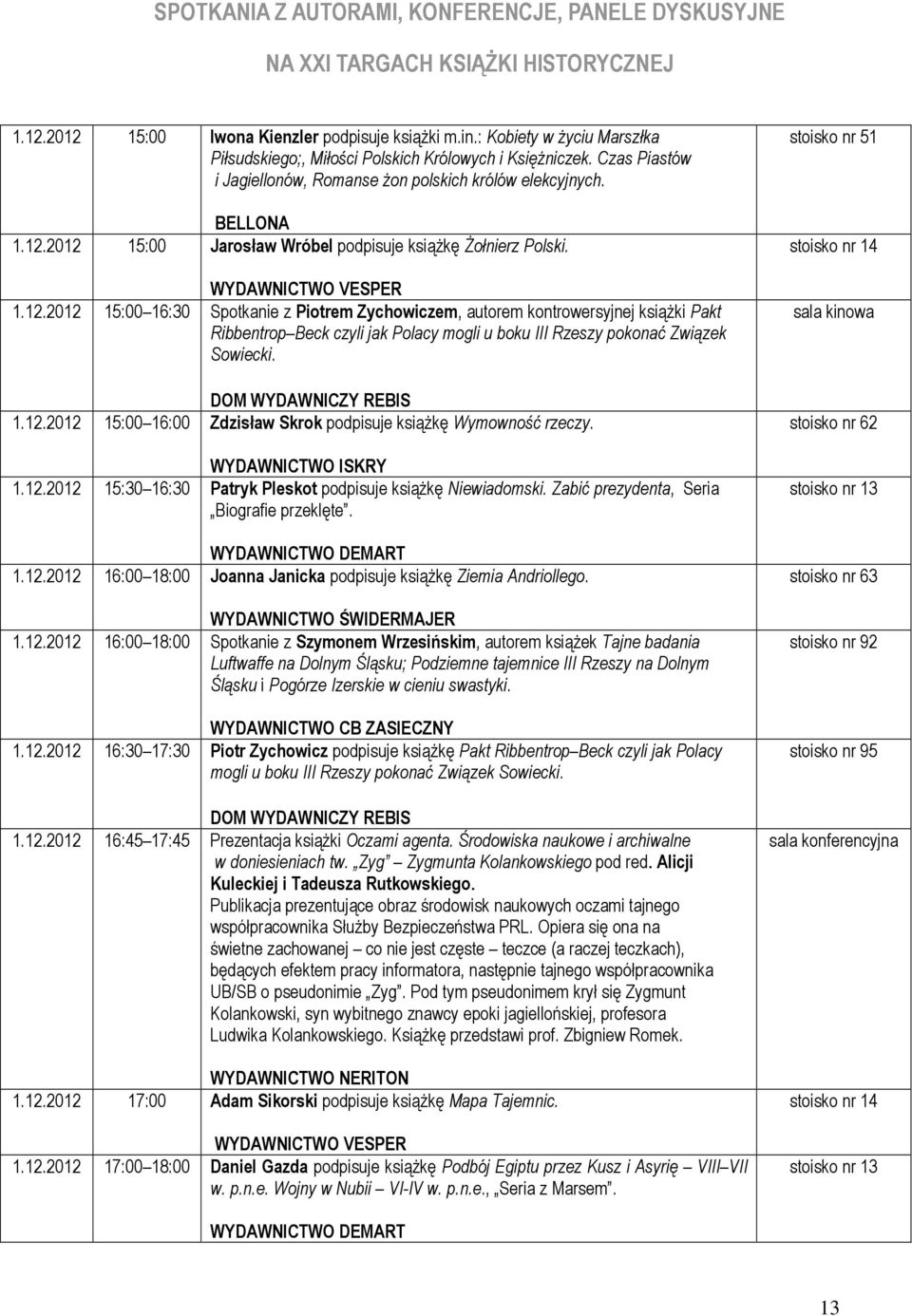 2012 15:00 Jarosław Wróbel podpisuje książkę Żołnierz Polski. WYDAWNICTWO VESPER 1.12.2012 15:00 16:30 Spotkanie z Piotrem Zychowiczem, autorem kontrowersyjnej książki Pakt Ribbentrop Beck czyli jak Polacy mogli u boku III Rzeszy pokonać Związek Sowiecki.