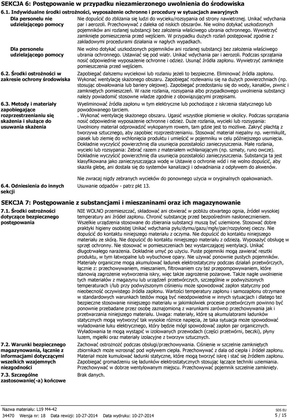 Unikać wdychania udzielającego pomocy par i aerozoli. Przechowywać z daleka od niskich obszarów.