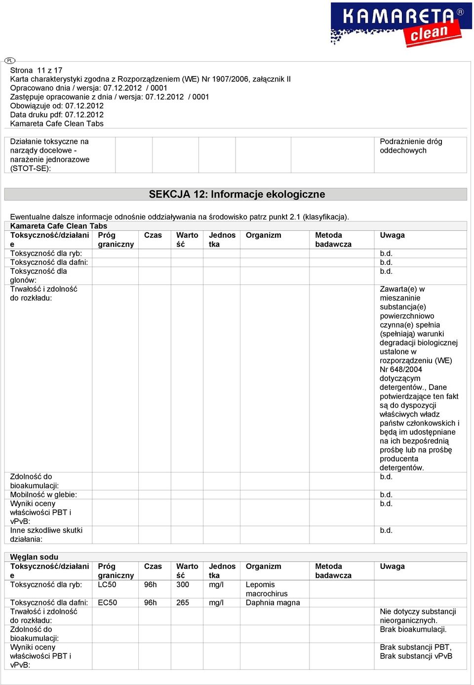 Toksyczność/działani e graniczny Czas Warto ść Organizm Metoda badawcza Toksyczność dla ryb: Toksyczność dla dafni: Toksyczność dla glonów: Trwałość i zdolność do rozkładu: Zdolność do bioakumulacji: