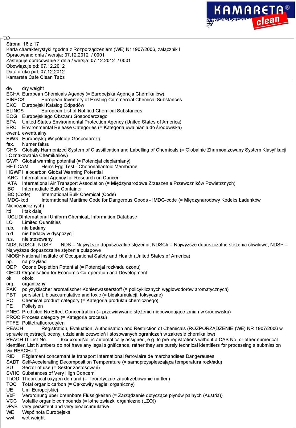 Categories (= Kategoria uwalniania do środowiska) ewent. ewentualny EWG Europejską Wspólnotę Gospodarczą fax.