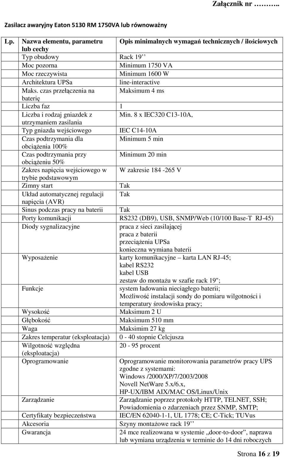 8 x IEC320 C13-10A, utrzymaniem zasilania Typ gniazda wejściowego IEC C14-10A Czas podtrzymania dla Minimum 5 min obciążenia 100% Czas podtrzymania przy Minimum 20 min obciążeniu 50% Zakres napięcia