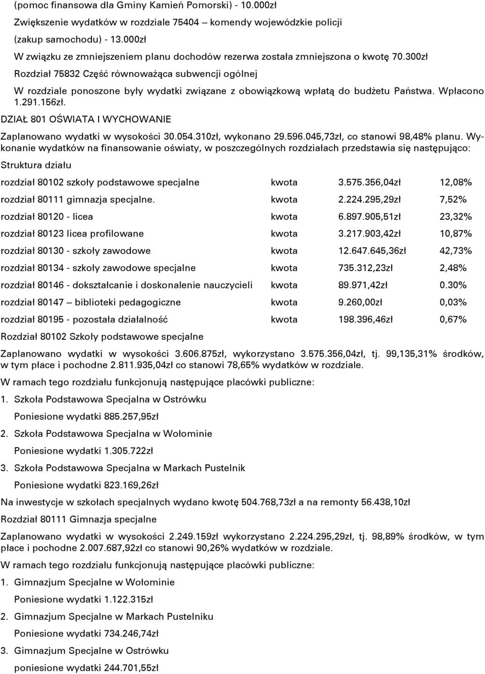 300zł Rozdział 75832 CzňŌń równowaőņca subwencji ogólnej W rozdziale ponoszone były wydatki zwiņzane z obowiņzkowņ wpłatņ do budőetu PaŊstwa. Wpłacono 1.291.156zł.