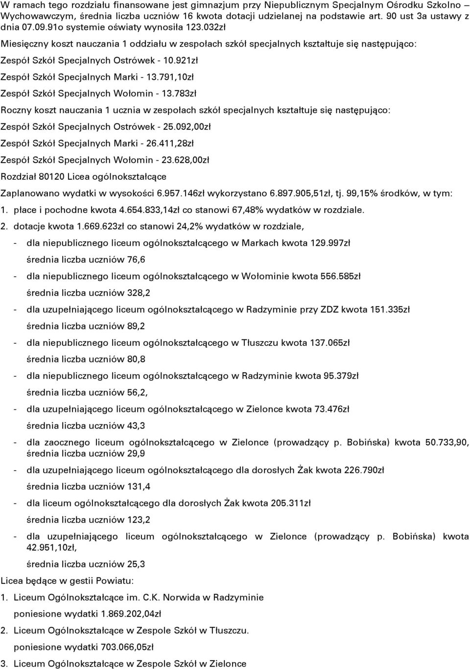 032zł Miesiňczny koszt nauczania 1 oddziału w zespołach szkół specjalnych kształtuje siň nastňpujņco: Zespół Szkół Specjalnych Ostrówek - 10.921zł Zespół Szkół Specjalnych Marki - 13.